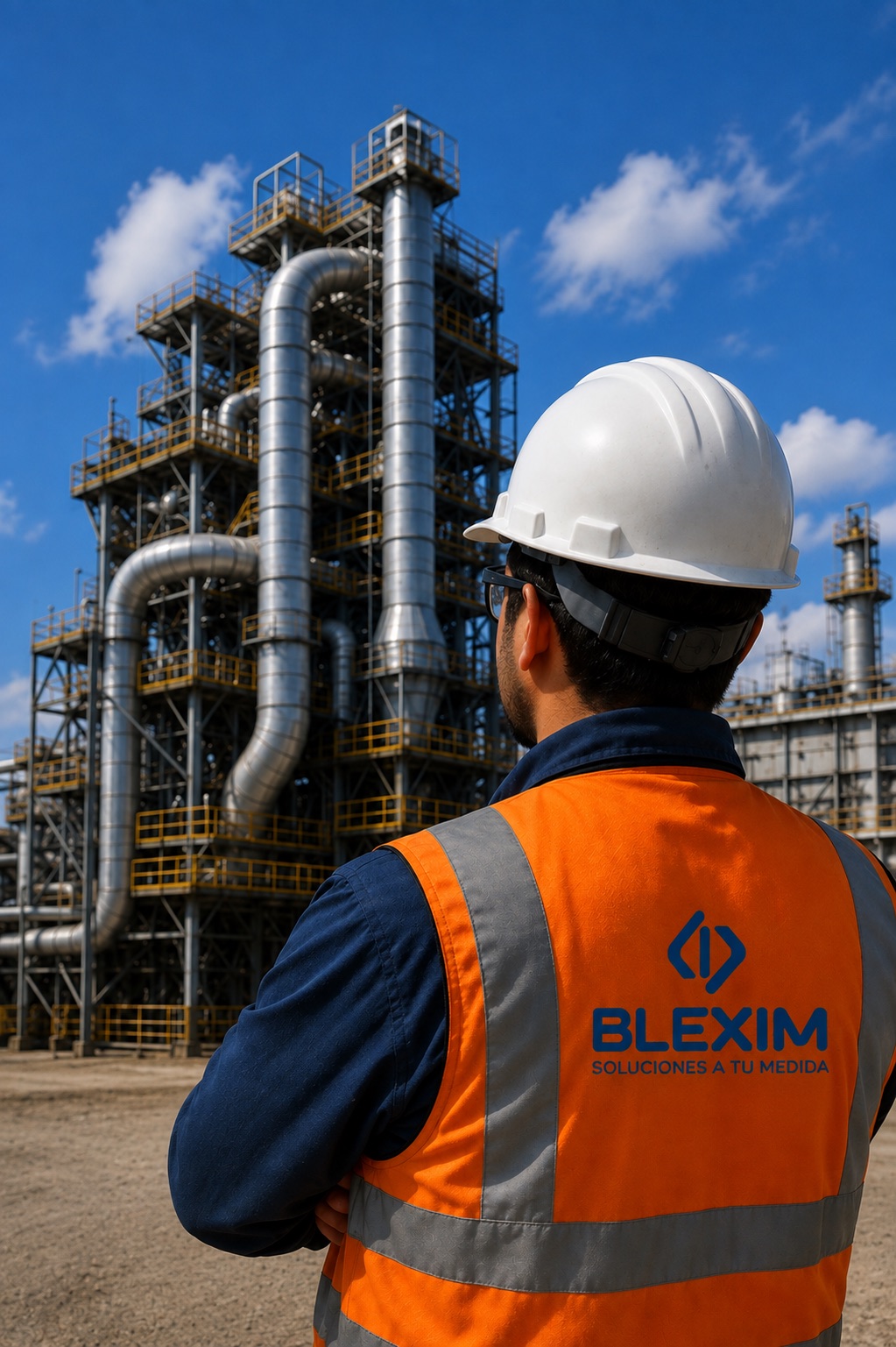 Colaborador de Blexim frente a una planta industrial